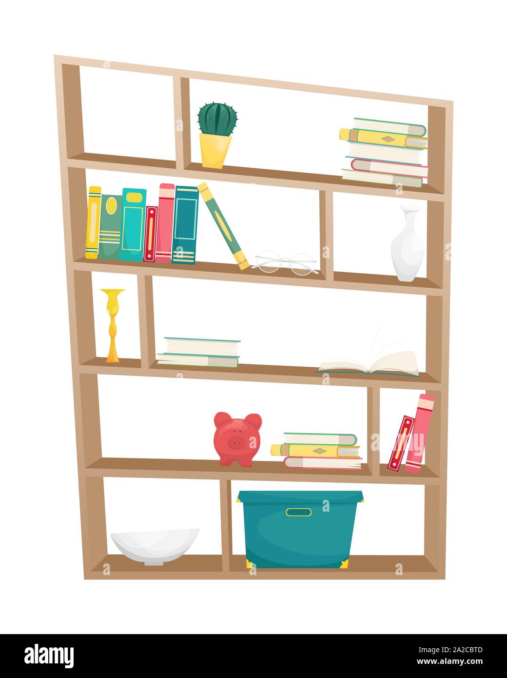 Bibliothèque avec livres, bougies, vases et autres accessoires. Télévision vector illustration. Illustration de Vecteur