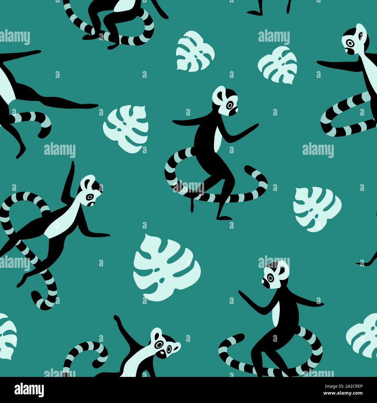 Motif transparent noir avec lémuriens et monstera feuilles sur fond vert. Vector illustration. Illustration de Vecteur