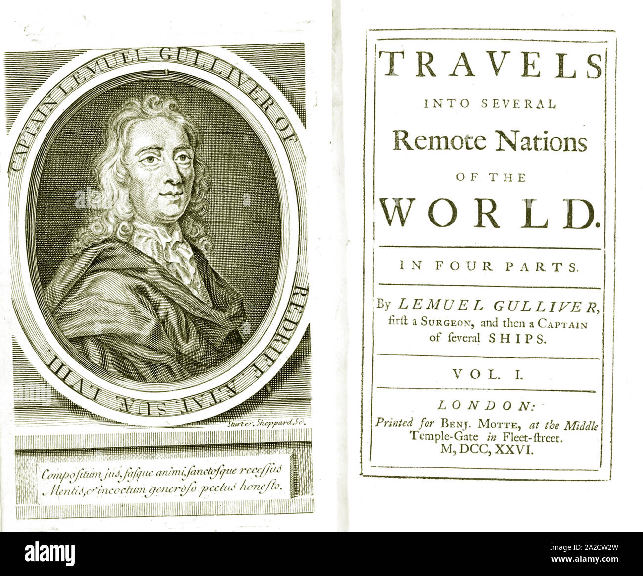 JONATHAN SWIFT (1667-1745) Homme politique anglo-irlandais et satirique. Pages de titre de la première édition des voyages de Gulliver en 1726 Banque D'Images