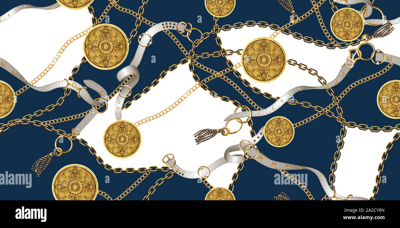Modèle sans couture à la mode avec des chaînes en or et des ceintures,  patch pour imprimer, tissu, textile design sur fond blanc et bleu foncé  Photo Stock - Alamy