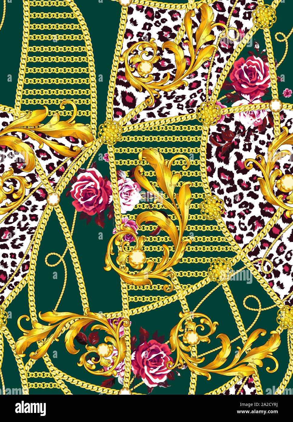 Modèle sans couture à la mode avec des chaînes en or, Leopard et baroque, patch pour imprimer, tissu, textile design sur fond vert. Banque D'Images