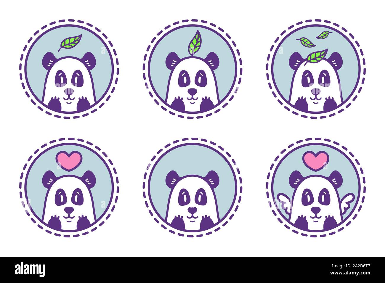 Panda avec logo feuille ensemble d'illustration. Ours en bambou avec coeur. Ours chinois avec coeur et ailes. Logo contour défini. Ensemble d'emblèmes panda, ico Illustration de Vecteur