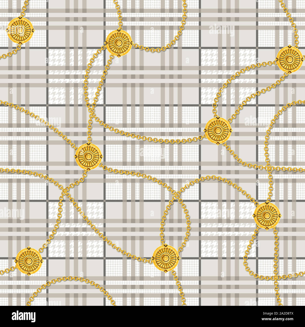 Modèle transparent avec des chaînes d'or. Beaux bijoux avec plaid et houndstooth arrière-plan. Prêt pour l'impression textile. Banque D'Images