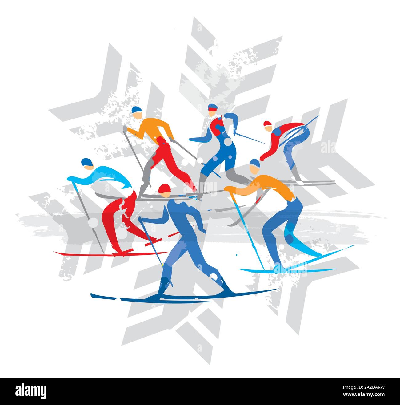 Cross Country Ski Racers sur flocon de l'arrière-plan. Un dessin stylisé expressif de pistes de ski de concurrents. Backgond isolé sur blanc. Illustration de Vecteur