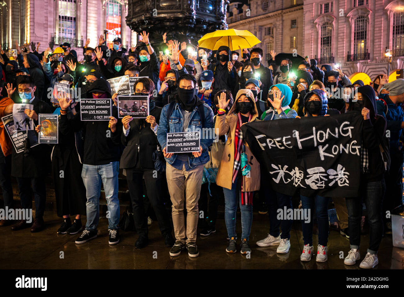 Hong Kong libre manifestation étudiante, Piccadilly Circus, Londres, 1er octobre 2019 Banque D'Images