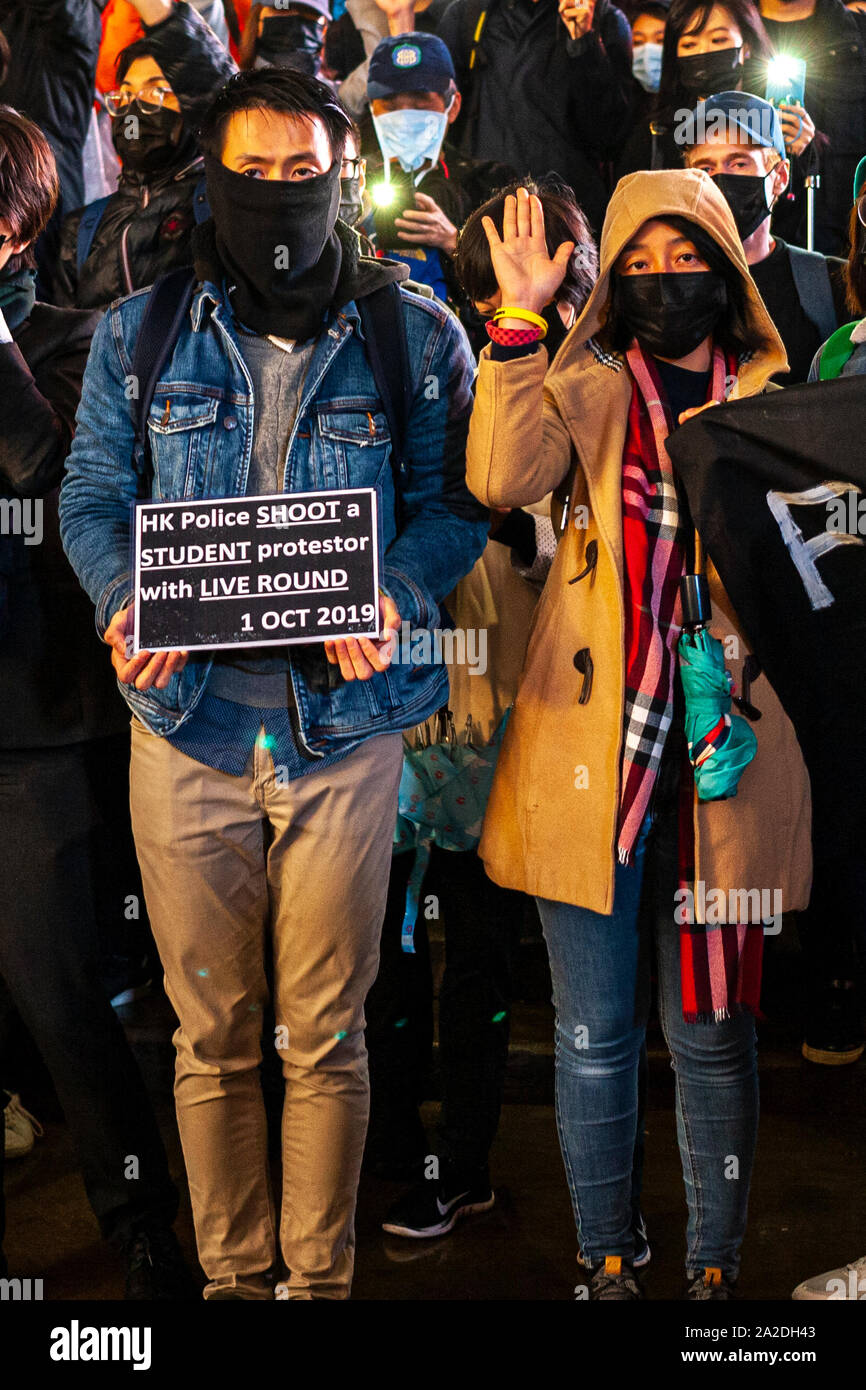 Hong Kong libre manifestation étudiante, Piccadilly Circus, Londres, 1er octobre 2019 Banque D'Images