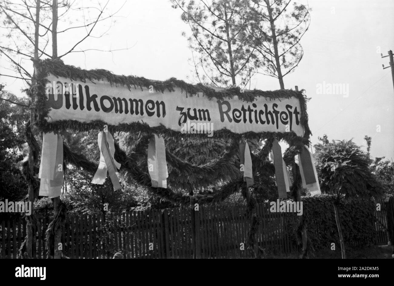 Dans Rettichfest Willkommensschild Das zum Schifferstadt, Deutschland 1930 er Jahre. Panneau de bienvenue à l'assemblée juste radis à Schifferstadt, Allemagne 1930. Banque D'Images