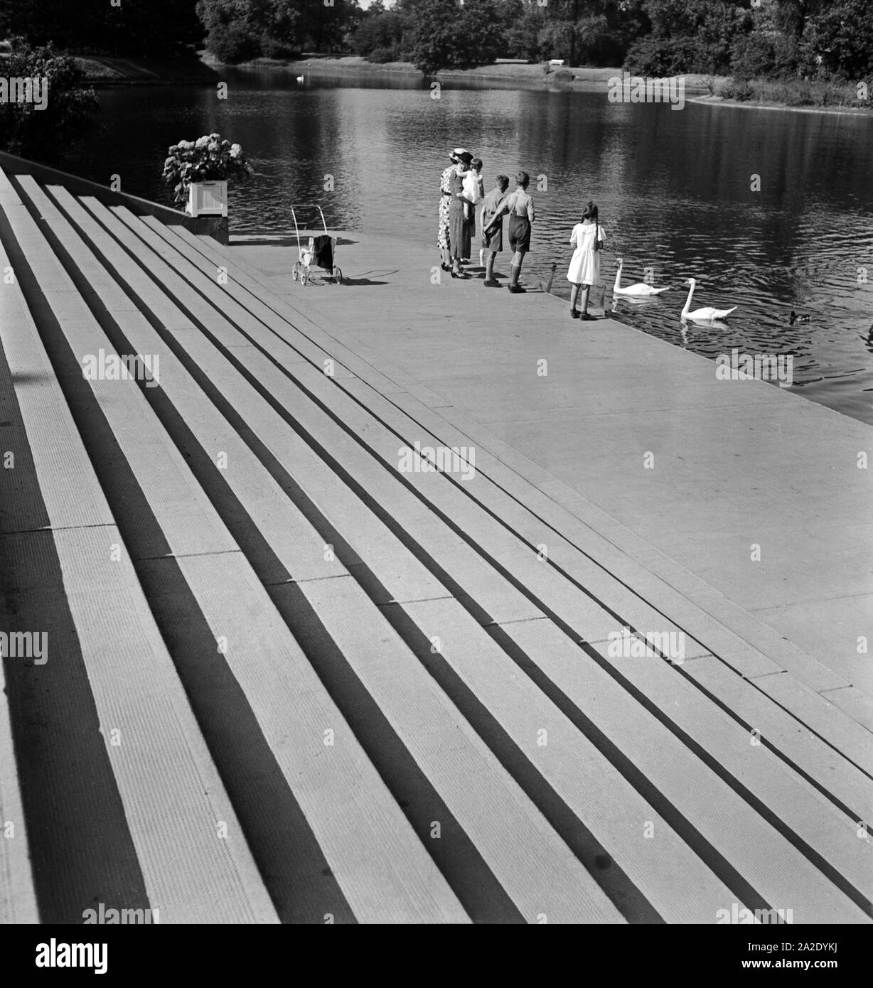 Zwei Mütter und die Kinder füttern im & Restaurant Maximilian Adolf Mittag Voir à Magdebourg, Deutschland 1930 er Jahre. Deux mères et enfants nourrir les cygnes au bord du lac à Adolf Mittag Magdeburg, Allemagne 1930. Banque D'Images
