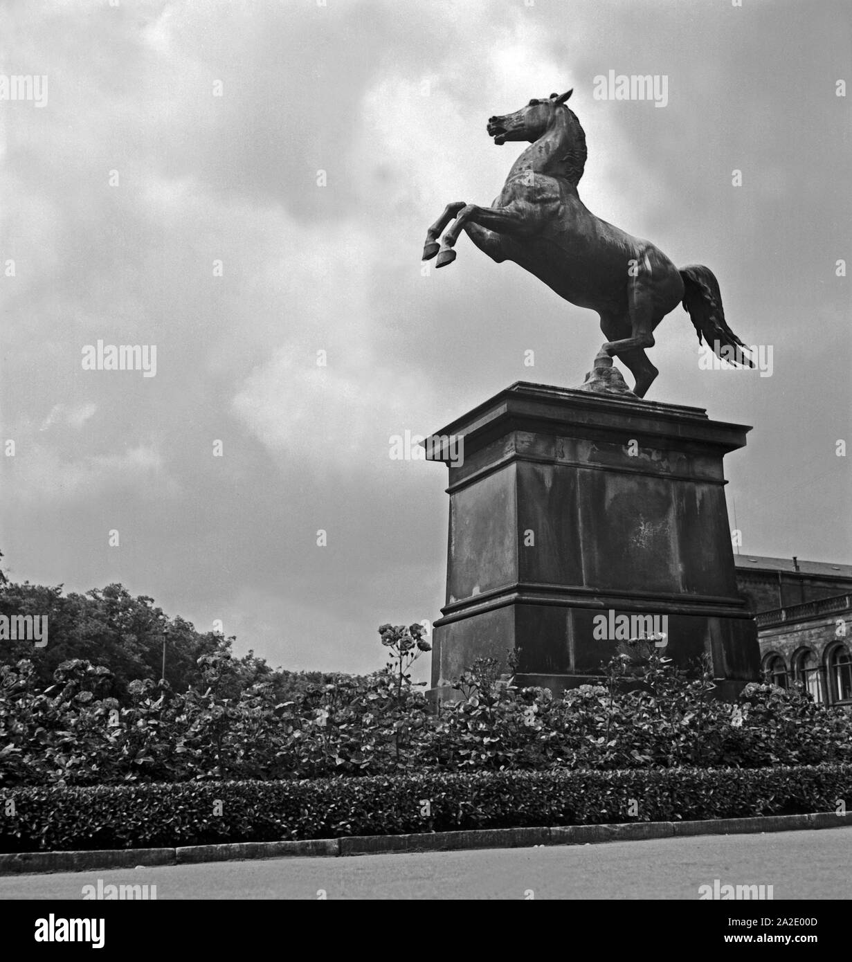 Das Pferd als von Wappentier springende Niedersachsen als Skulptur im Garten von Schloß bei Herrenhausen Hannover, Deutschland 1930er Jahre. L'augmentation du cheval, l'animal héraldique de Basse-Saxe, comme une sculpture dans le parc du château de Herrenhausen, près de Hanovre, Allemagne 1930. Banque D'Images