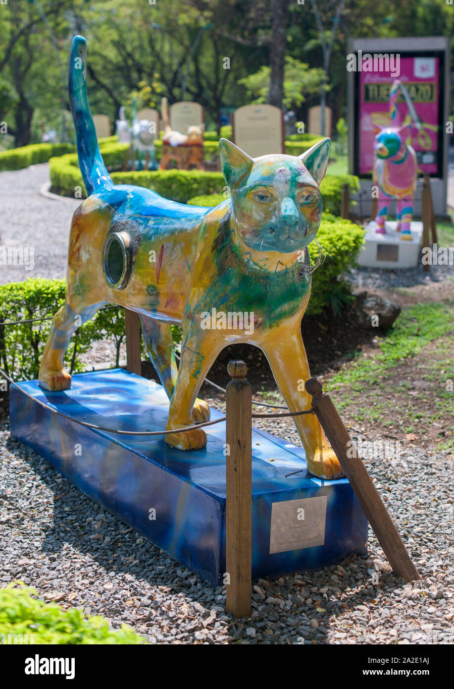 Cat sculptures faites d'accompagner le "El Gato Del Rio" sculpture de chat à Cali, Colombie. Banque D'Images