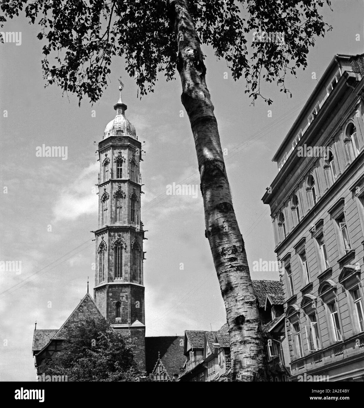 Eine Birke vor dem Kirchturm Andreaskirche der St. in der Neustadt von Braunschweig, Deutschland 1930 er Jahre. Un bouleau en face du beffroi de l'eglise de Saint-andré à Braunschweig, Allemagne 1930. Banque D'Images