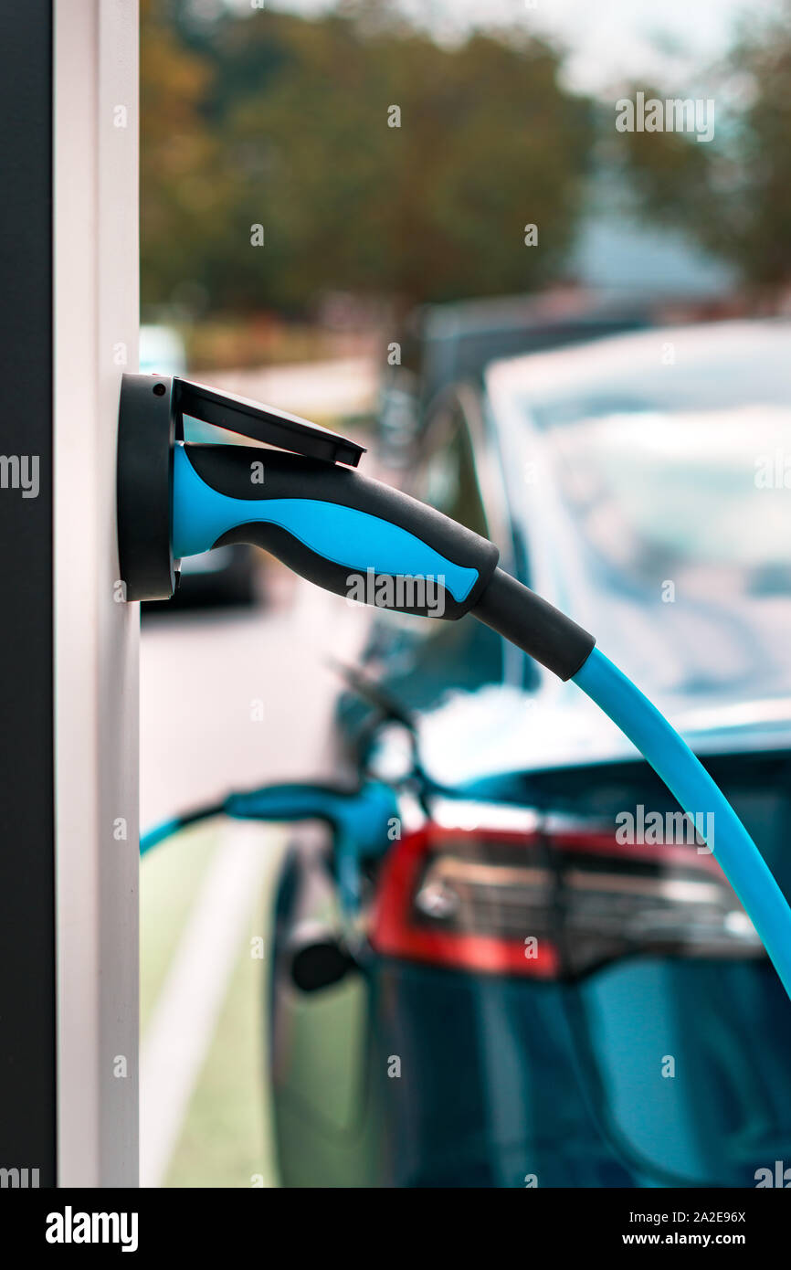 La station de recharge de véhicules électriques, point de gros plan unit Banque D'Images