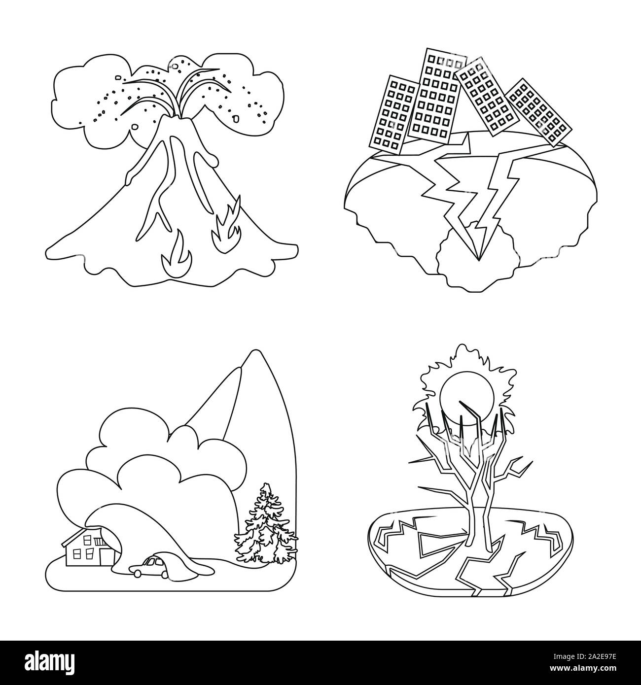 Objet isolé de cataclysme et l'icône de la catastrophe. Ensemble de cataclysme et apocalypse symbole boursier pour le web. Illustration de Vecteur