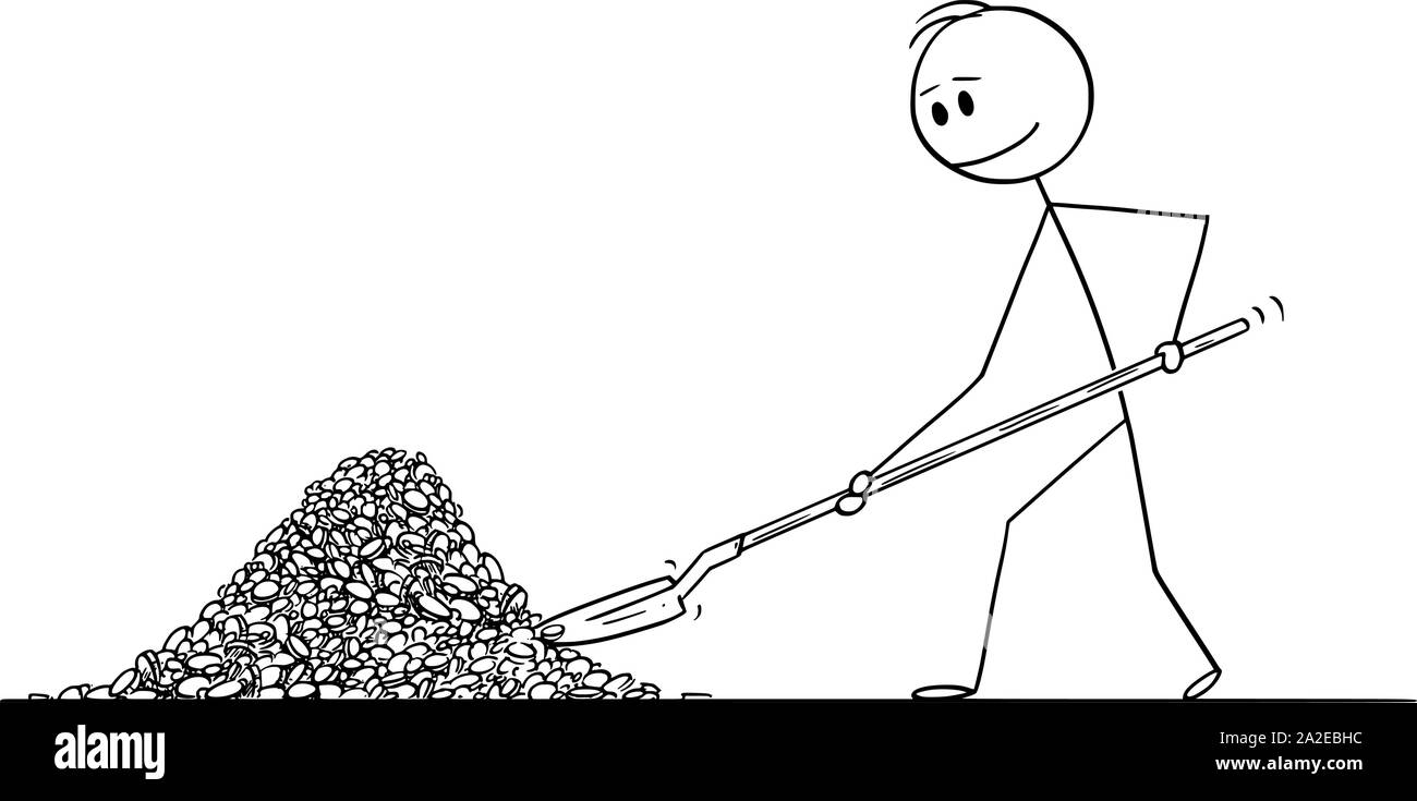 Vector cartoon stick figure dessin illustration conceptuelle de l'homme riche et couronnée de succès ou businessman throwing pile de pièces ou de l'argent avec une pelle. Notion de réussite financière. Illustration de Vecteur