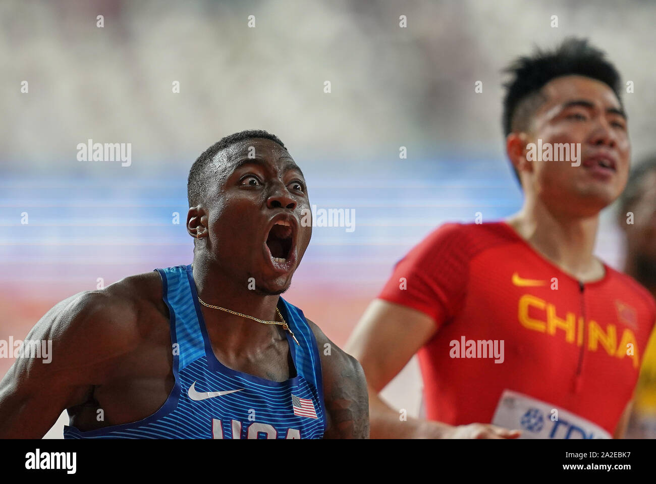 Doha, Qatar. 2e oct, 2019. Grant Holloway de United States a gagné l'or dans le 110 haies pour les hommes au cours de la 17e Championnats du monde d'athlétisme IAAF à la Khalifa Stadium de Doha, au Qatar. Ulrik Pedersen/CSM/Alamy Live News Banque D'Images