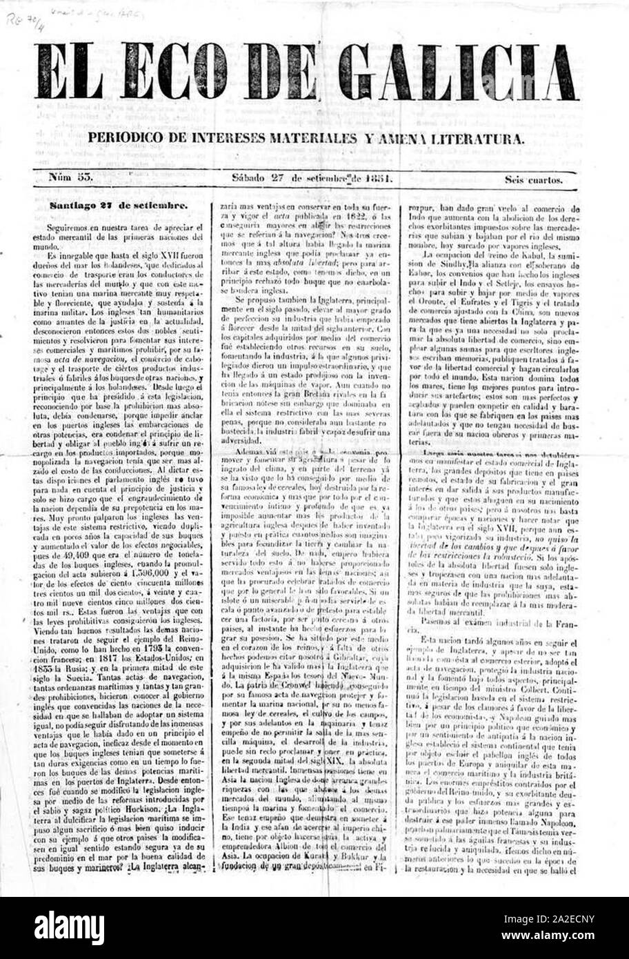 El Eco de Galicia, periódico de intereses materiales y amena literatura, núm. 53, samedi 27 de septiembre de 1851. Banque D'Images