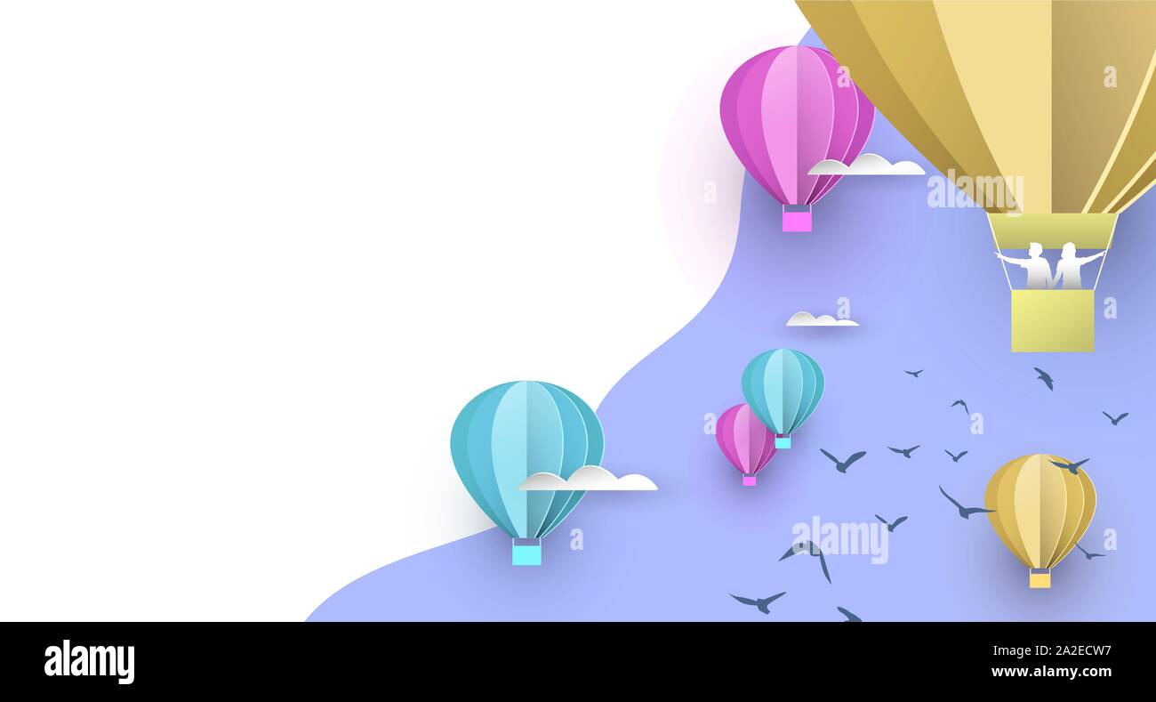 Papercut hot air balloon contexte le ciel avec les nuages, les gens et les oiseaux. Espace copie blanche toile de fond de l'imagination créative ou concept d'exploration. Illustration de Vecteur