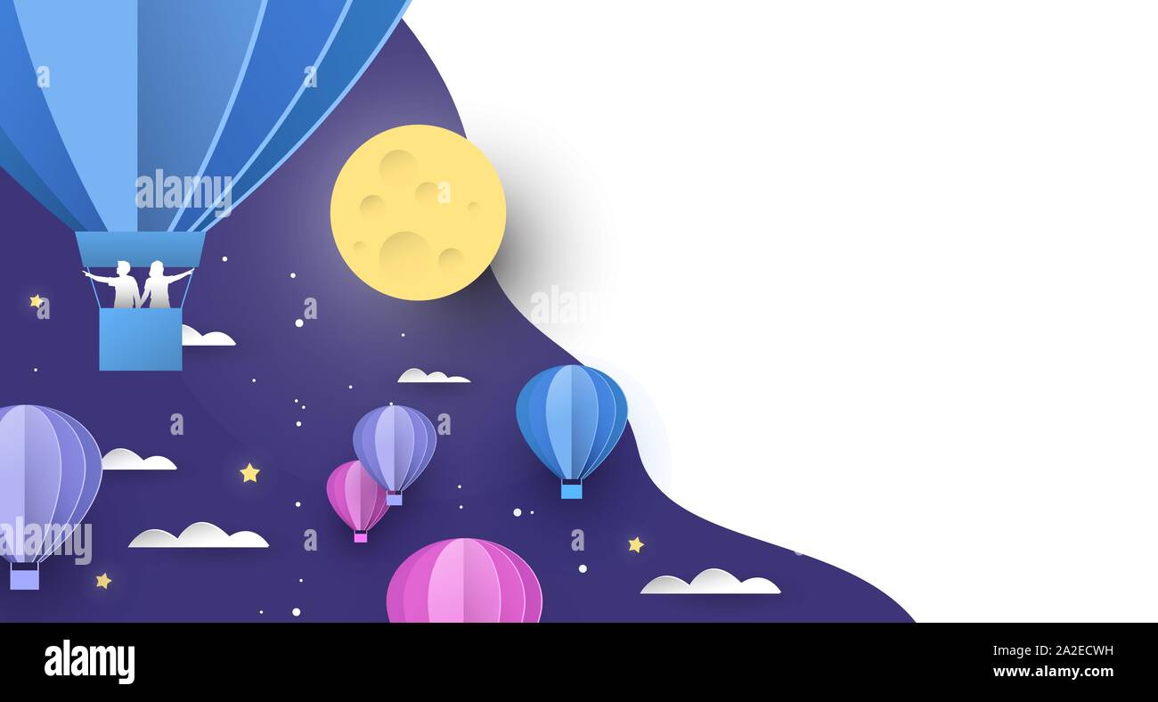 Papercut hot air balloon contexte le ciel nocturne avec les nuages, les gens et les étoiles. Exemplaire blanc Toile de l'espace rêve de l'imagination, le sommeil ou l'exploration Illustration de Vecteur