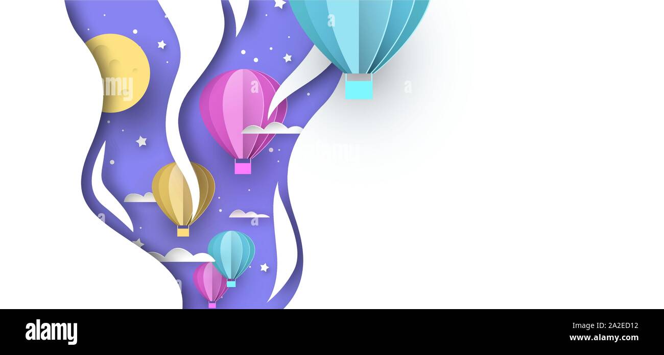 Découpe du papier mignon montgolfières dans le ciel de nuit avec la lune et les étoiles. Scène ou l'imagination des enfants Papercut concept isolées sur fond blanc. Illustration de Vecteur