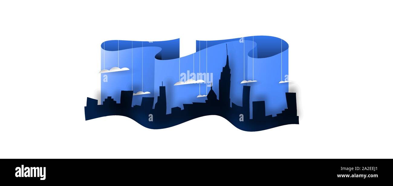Papercut réaliste avec paysage ville tours gratte-ciel, ciel bleu et nuages. Découpe du papier 3D sur fond blanc skyline isolées pour l'architecture c Illustration de Vecteur