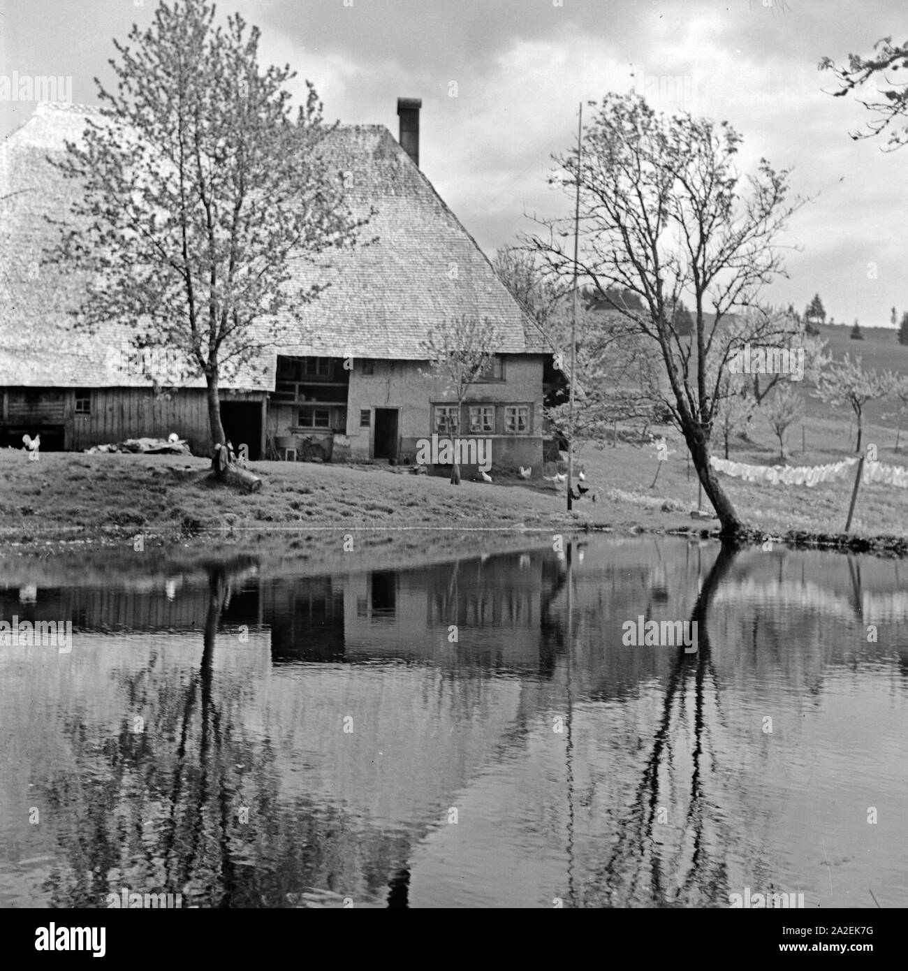 Ein Haus im Schwarzwald spiegelt sich in einem Teich, Deutschland 1930 er Jahre. Une maison de ferme de la Forêt-Noire reflétant dans l'eau d'un étang, l'Allemagne des années 1930. Banque D'Images
