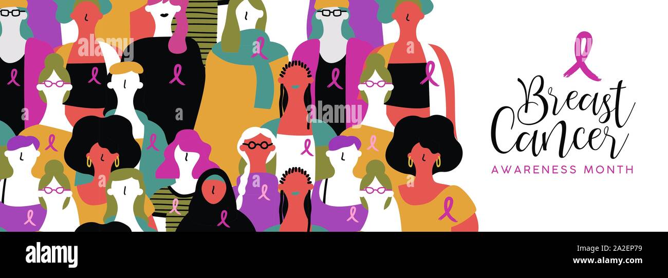 Le mois de la sensibilisation au cancer banner illustration de divers groupes ethniques avec l'appui du groupe des femmes rose ruban. Mars défilé femme ou concept de prévention Illustration de Vecteur