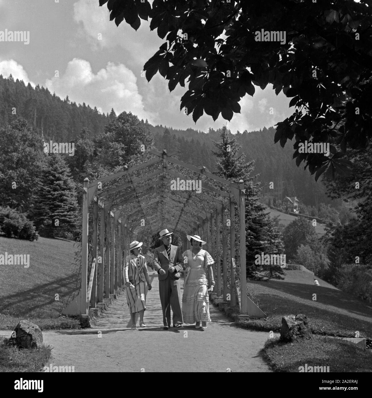 Ein Mann spaziert mit zwei Frauen durch ein dans Rankgerüst Wildbad im Schwarzwald, Deutschland 1930 er. Un homme et deux femmes se promenant dans une pergola à Wildbad en Forêt Noire, Allemagne 1930. Banque D'Images