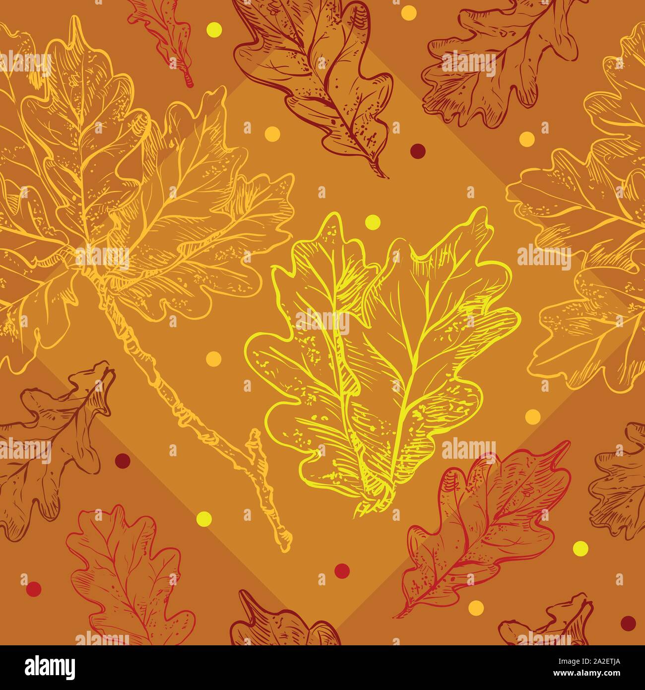 Dessin à la main automne vecteur modèle transparent avec des couleurs de feuilles de chênes contours sur fond orange. Ligne de chute du feuillage de l'art en rouge et Illustration de Vecteur