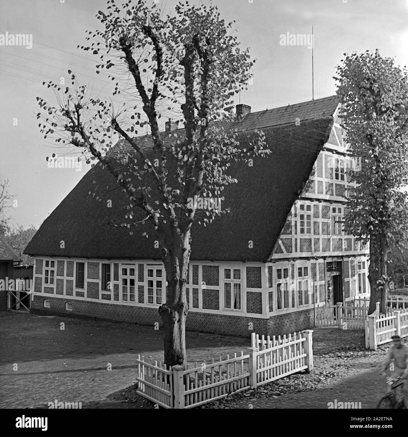 Strohgedecktes Bauernfachwerkhaus Ein malerisches in der Nähe von Nidda, Deutschland 1930er Jahre. Une ferme à colombages de chaume maison près de Nidda, Allemagne 1930. Banque D'Images