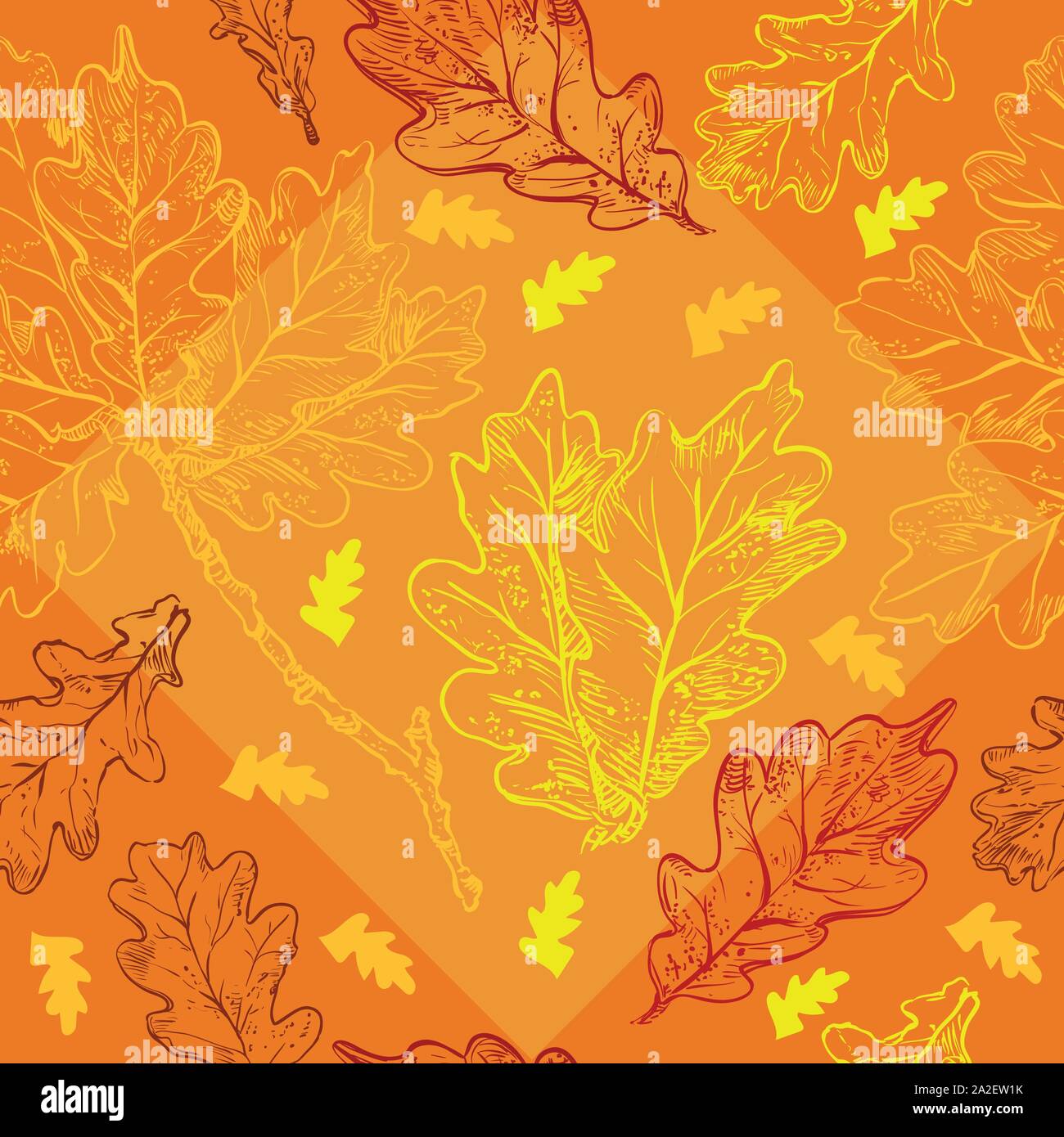 Dessin à la main automne vecteur modèle transparent avec des couleurs de feuilles de chênes contours sur fond orange. Ligne de chute du feuillage de l'art en rouge et Illustration de Vecteur