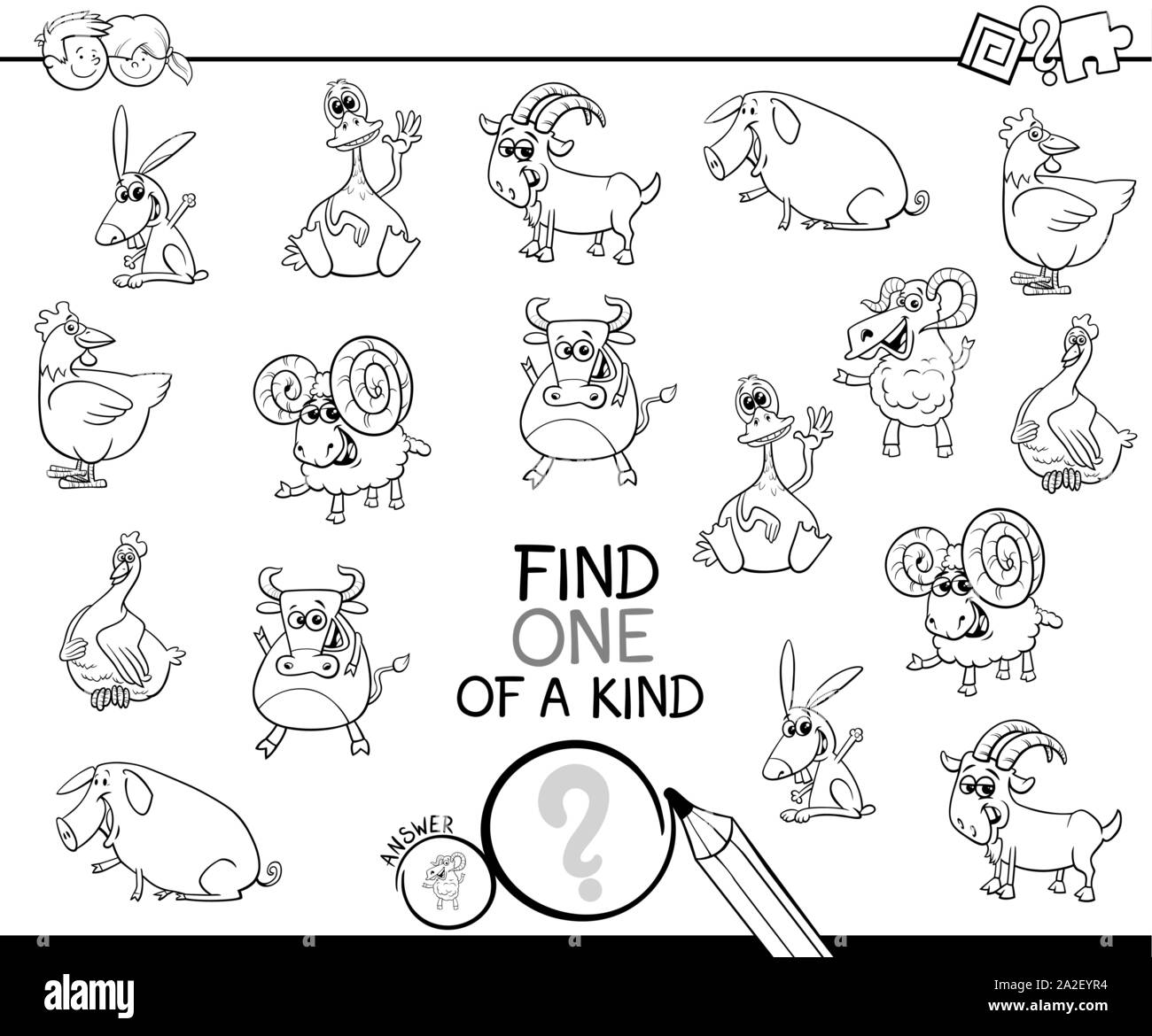 Illustration Cartoon noir et blanc de trouver un d'une sorte Photo Activité éducative jeu pour les enfants avec des animaux de ferme à colorier Personnages Illustration de Vecteur