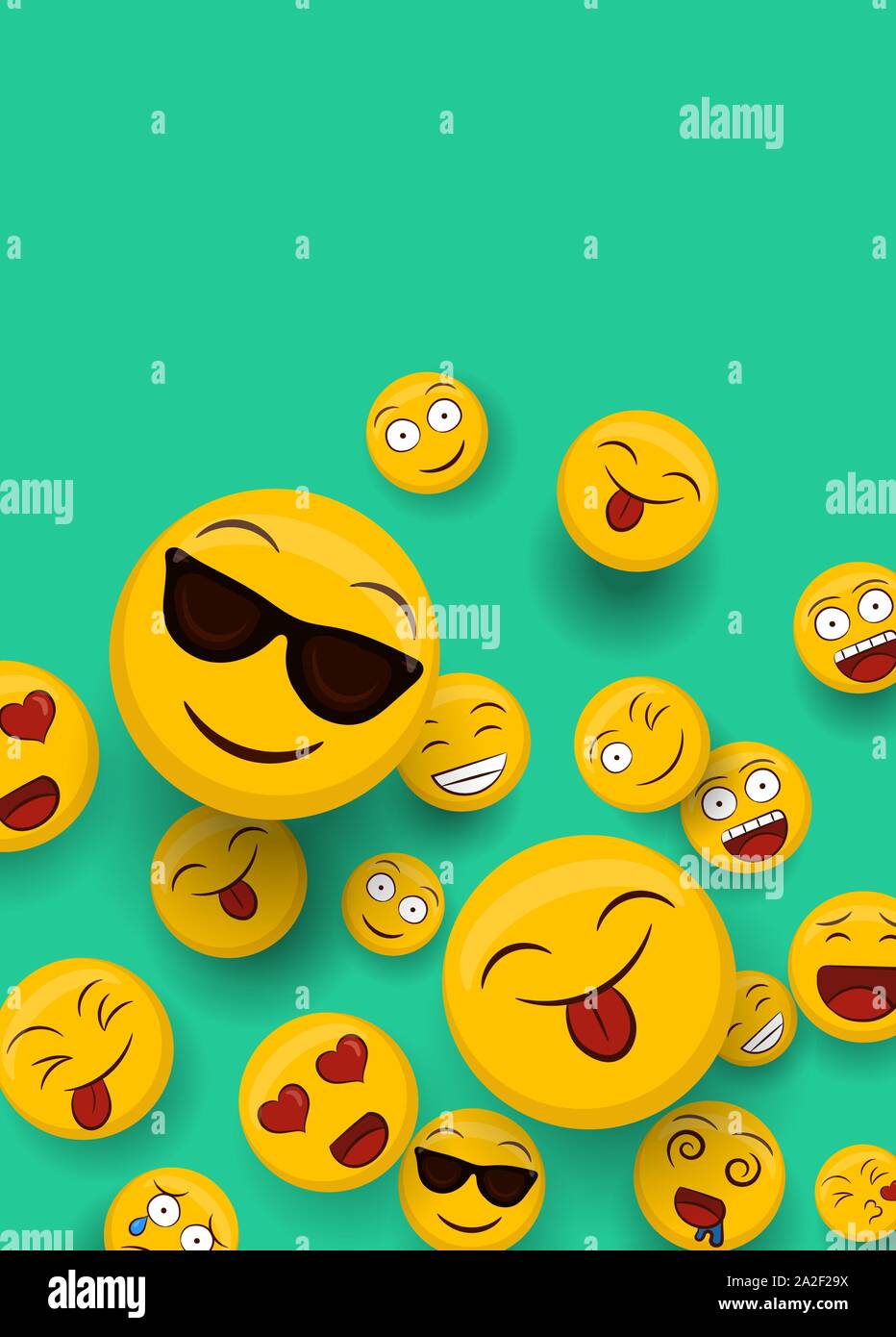 Émoticône jaune Social icônes sur fond d'espace copie isolée. Smiley Fun cartoons comprend heureux, mignon et drôle d'émotions. Illustration de Vecteur