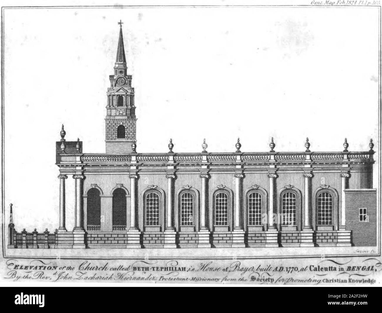 Une élévation de l'Église appelé Beth Tephillah, c.-à-Maison de Prière, AD 1770, à Calcutta, Bengale occidental (p.104, Feb 1824). Banque D'Images