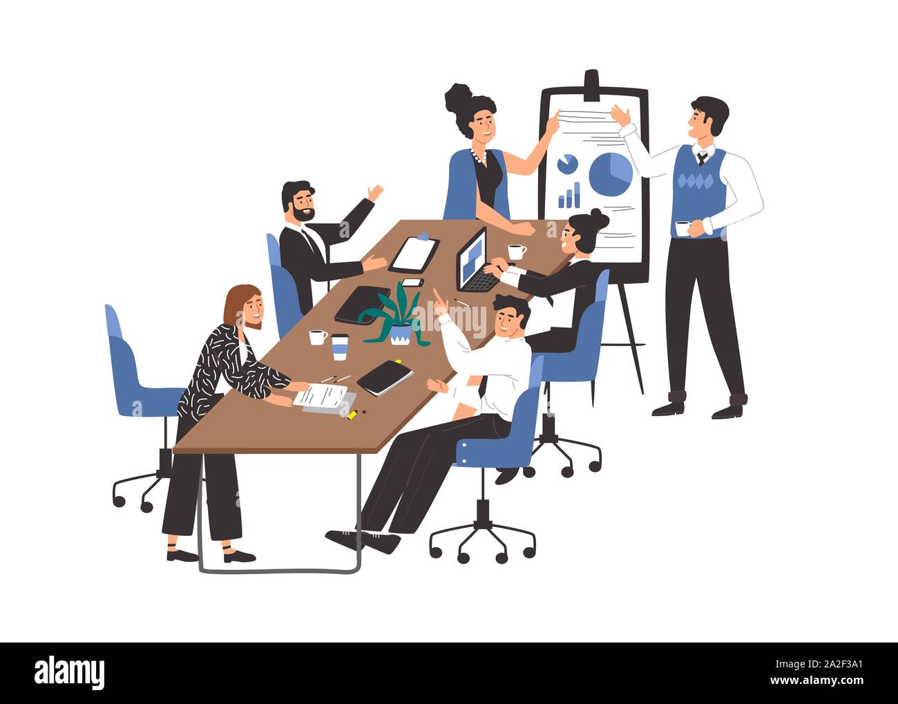 Scene De Travail De Bureau Moderne Avec Des Hommes Et Femmes D Affaires En Reunion De Reflexion Television Les Personnages De Dessins Animes De Travail De L Equipe Du Personnel De L Entreprise Conc Image