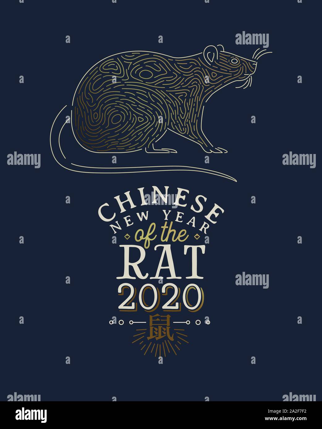 Le Nouvel An chinois 2020 Carte de souhaits d'or mouse animal dans l'art moderne avec un style de texte asiatique citation. Traduction de calligraphie : rat. Illustration de Vecteur
