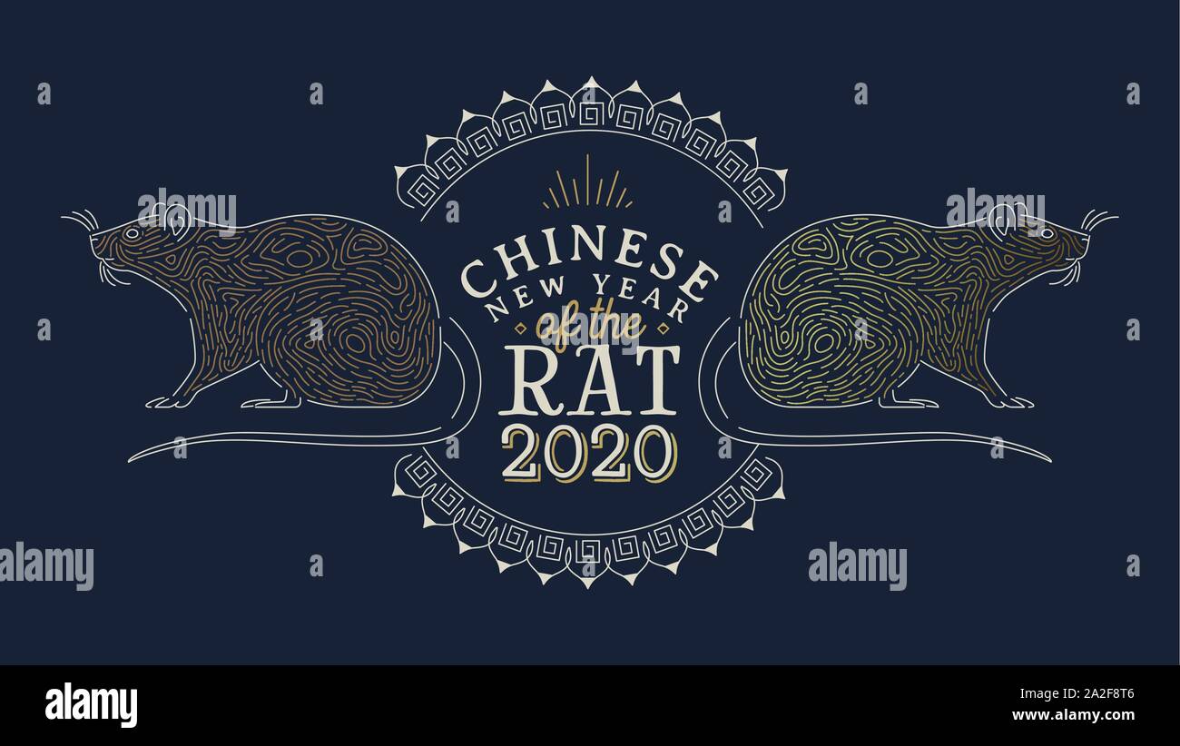 Le Nouvel An chinois 2020 Carte de souhaits d'or rat animal dans l'art de la ligne moderne avec style de texte asiatique citation. Illustration de Vecteur