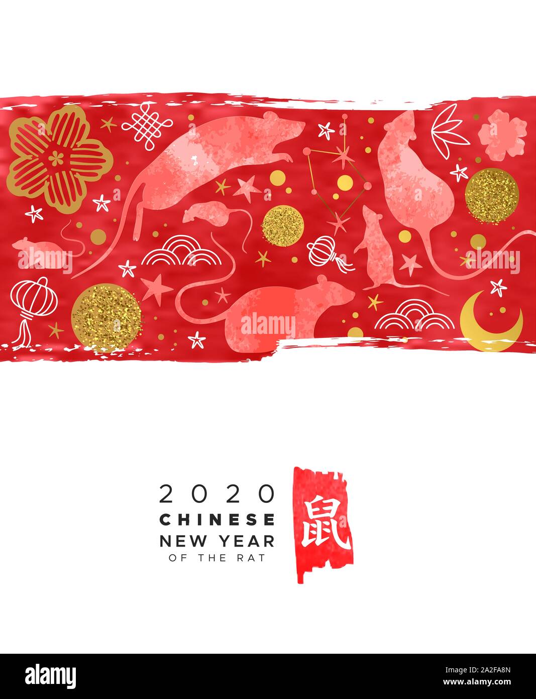 Le Nouvel An chinois 2020 Carte de souhaits d'aquarelle rouge souris animaux, symboles de l'astrologie traditionnelle et de la culture asiatique d'icônes faites à la main. Calligraphier Illustration de Vecteur