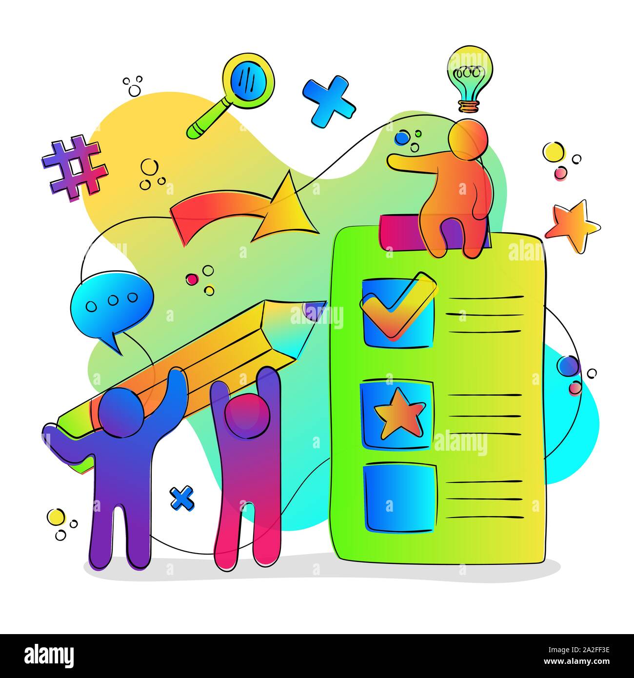 Groupe d'amis avec de gros crayon, liste de tâches avec gradient social icônes colorées de style à l'équipe concept ou la collaboration en ligne. Illustration de Vecteur