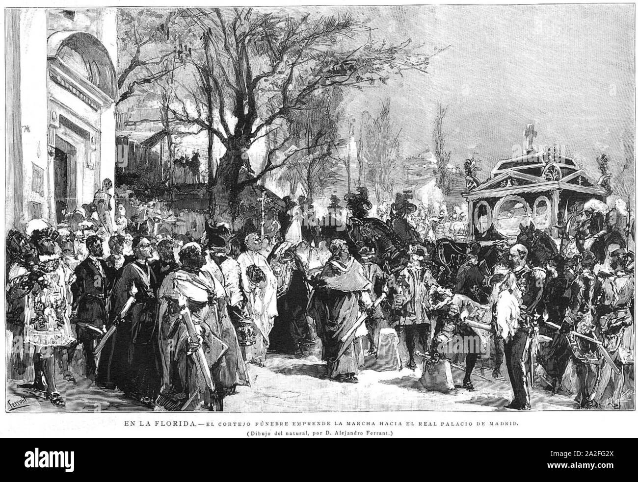 En la Floride, el cortejo fúnebre emprende la marcha hacia el Palacio Real de Madrid, de Alejandro Ferrant. Banque D'Images
