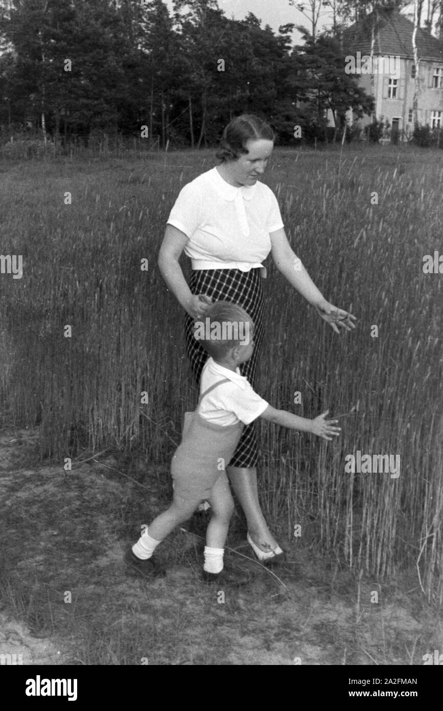 Kleiner Junge mit einem Mutter senneur Feld, Deutschland 1930 er Jahre. Petit garçon avec sa mère dans un champ, l'Allemagne des années 1930. Banque D'Images
