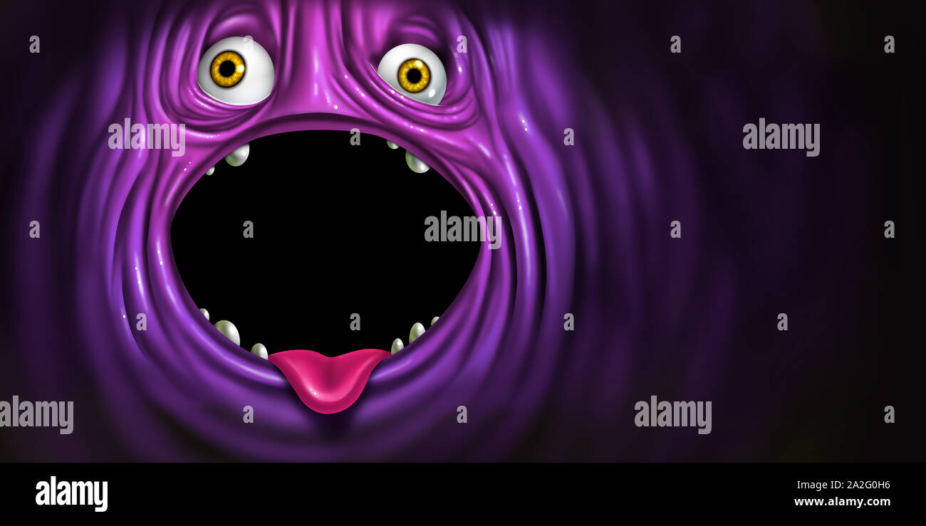 Purple Monster bouche comme une créature extraterrestre face avec une bouche ouverte comme un ogre effrayant drôle ou démon avec copie Espace ou zone de texte vide. Banque D'Images