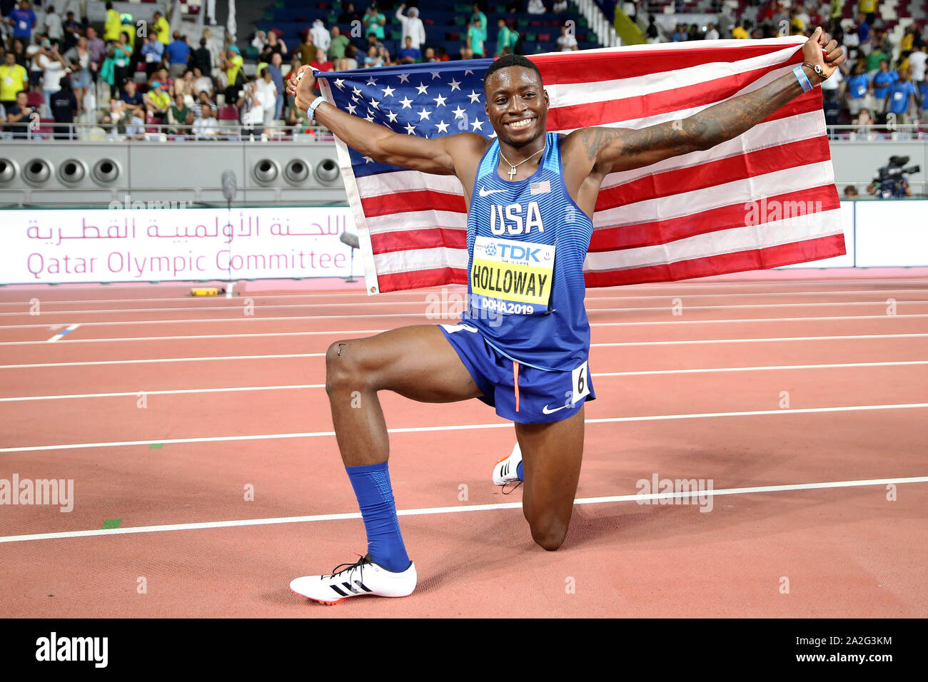 Doha, Qatar. 2e oct, 2019. Grant Holloway du United States célèbre après le men's 110m haies finale aux Championnats du monde d'athlétisme de l'IAAF de 2019 à Doha, Qatar, le 2 octobre 2019. Crédit : Li Ming/Xinhua/Alamy Live News Banque D'Images