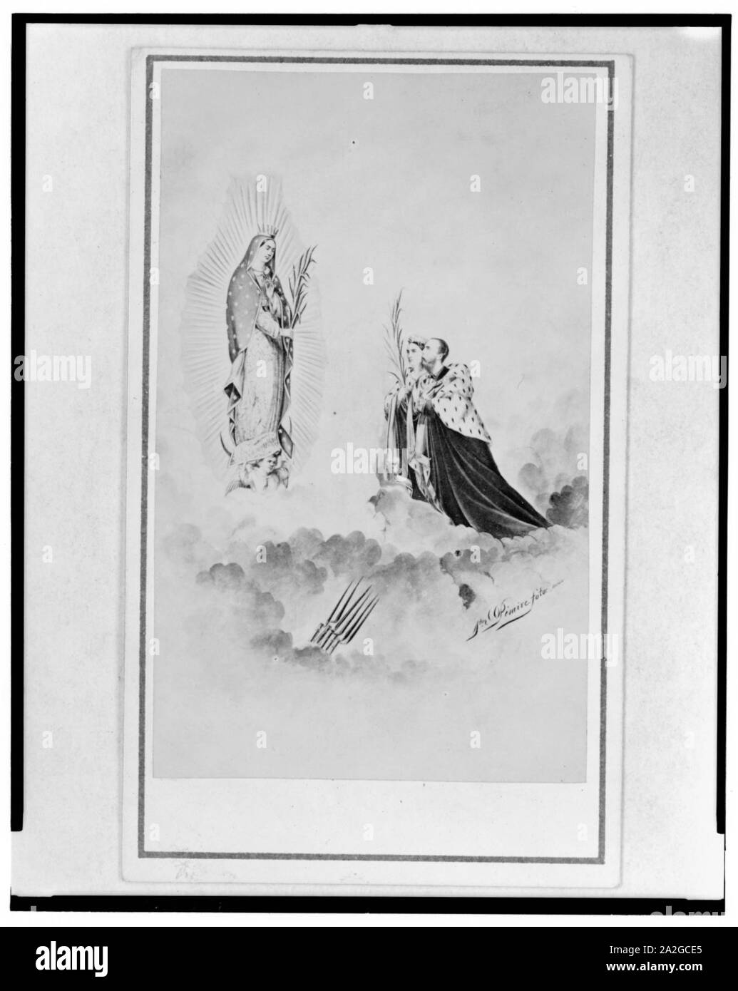 L'impératrice Carlota et l'empereur Maximilien à genoux devant Notre Dame de Guadalupe, que baïonnettes pierce sombres nuages au-dessous d'eux Banque D'Images