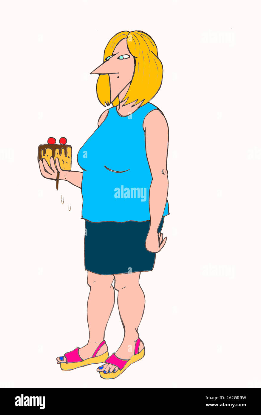 Femme mature avec un morceau de gâteau au chocolat. L'illustration. Banque D'Images