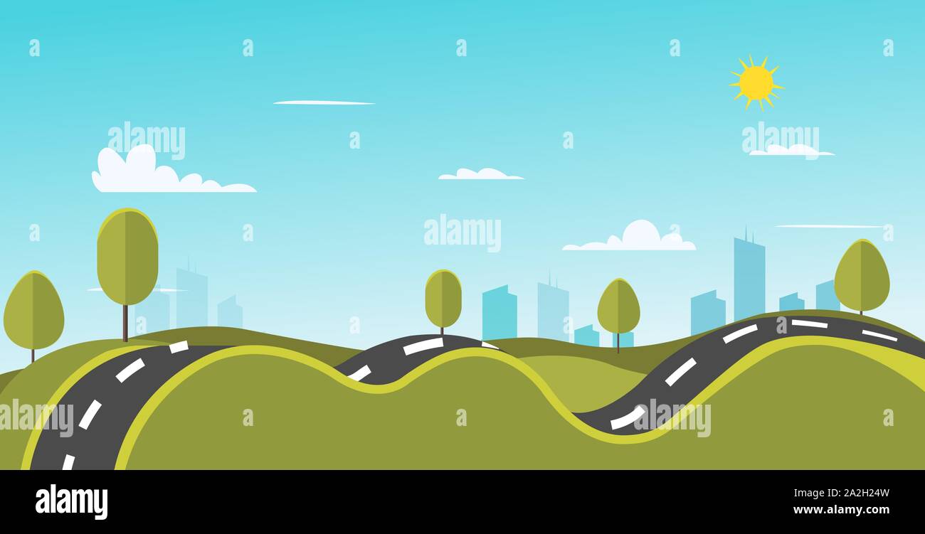 Nature Paysage avec road et ville vector illustration.Curve hills et street nature.Park Ville wih scène Illustration de Vecteur