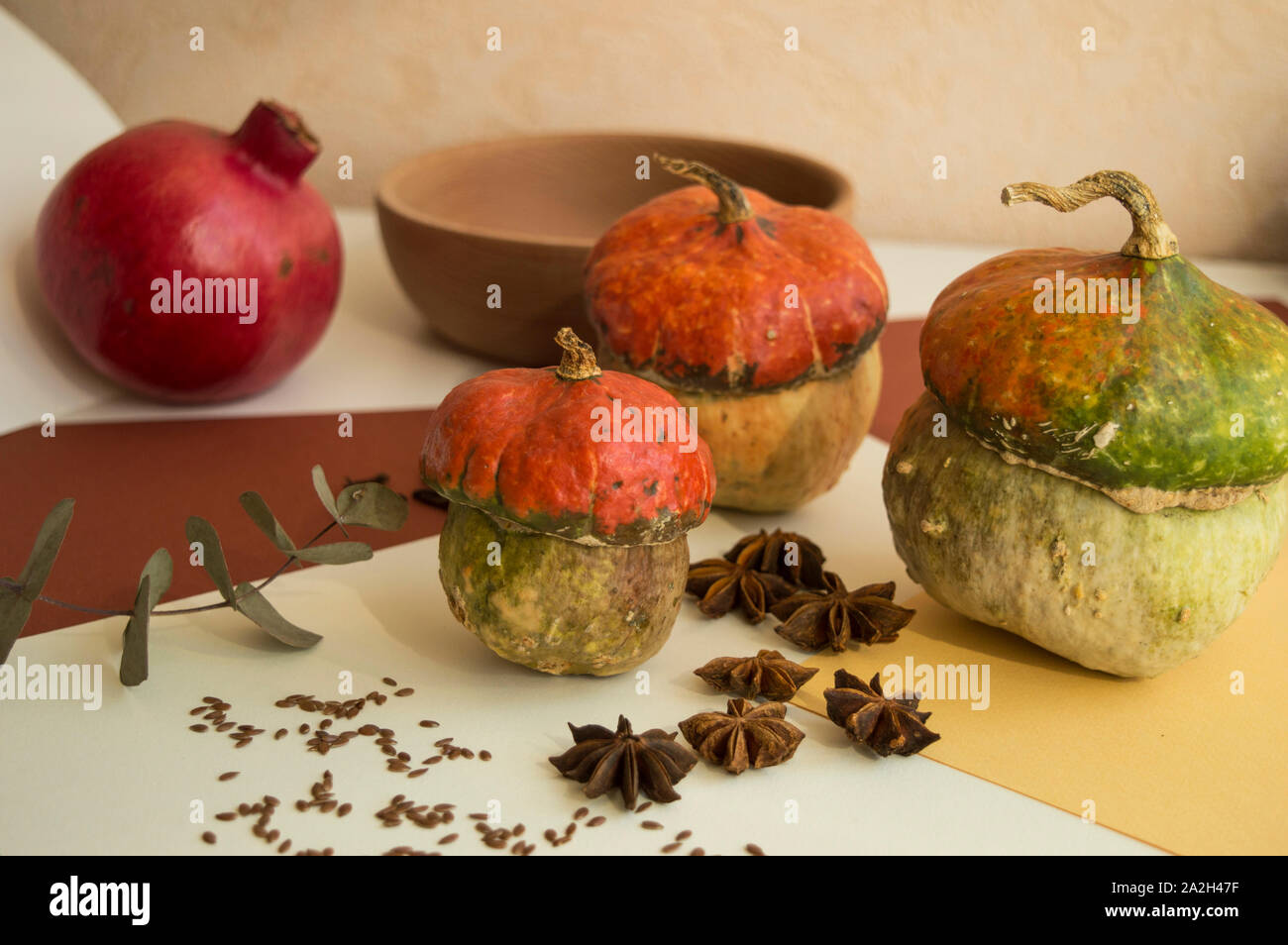 Composition d'automne avec des citrouilles, épices, anis étoile, ,, d'eucalyptus, de grenade et de la plaque en bois. Thème de l'Halloween. Banque D'Images