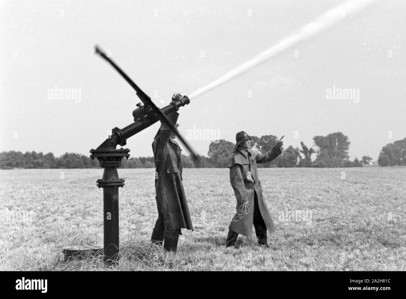 Eine im Regenanlage Kartoffelacker landwirtschaftlichen Einsatz bei einem 1930er Jahre, Deutschland. Un système de gicleurs dans son usage agricole à un champ de pommes de terre, de l'Allemagne des années 1930. Banque D'Images