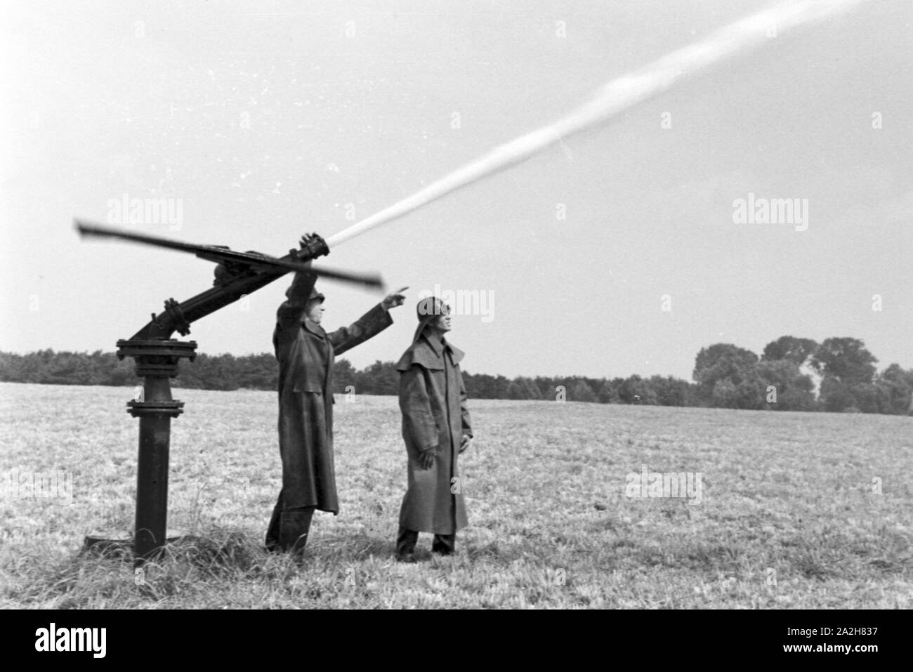 Eine im Regenanlage Kartoffelacker landwirtschaftlichen Einsatz bei einem 1930er Jahre, Deutschland. Un système de gicleurs dans son usage agricole à un champ de pommes de terre, de l'Allemagne des années 1930. Banque D'Images