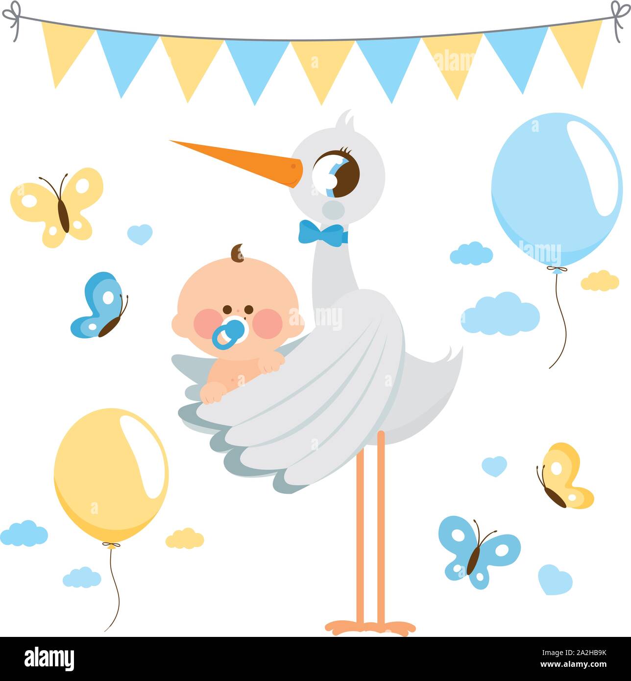 Cigogne livrant un nouveau bébé garçon et des décorations de fête de douche de bébé, des ballons et une guirlande. Illustration vectorielle Illustration de Vecteur