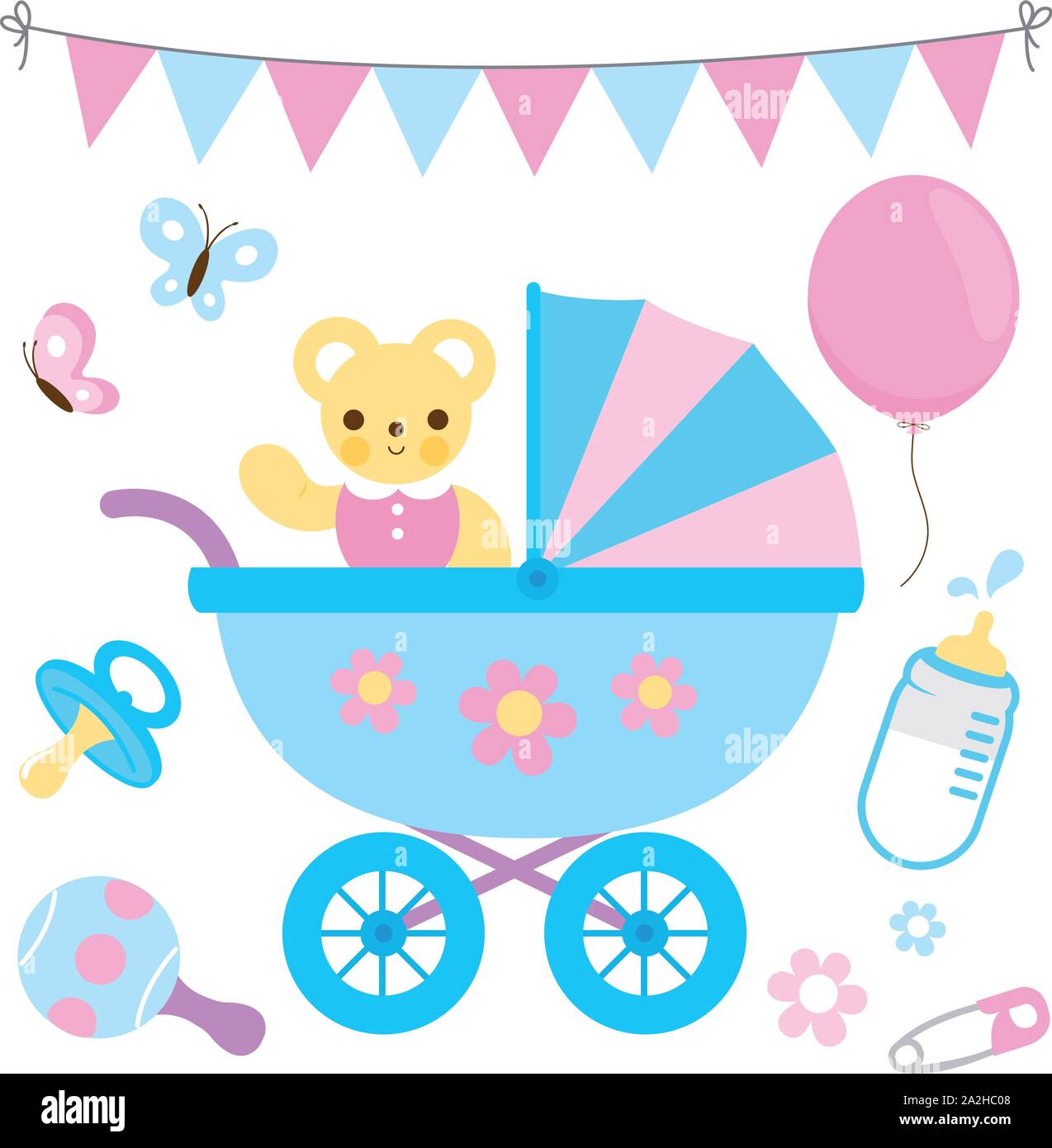 Fête de fête de douche de bébé. Poussette bébé, ours en peluche mignon et accessoires dans les couleurs bleu et rose. Collection d'illustrations vectorielles Illustration de Vecteur